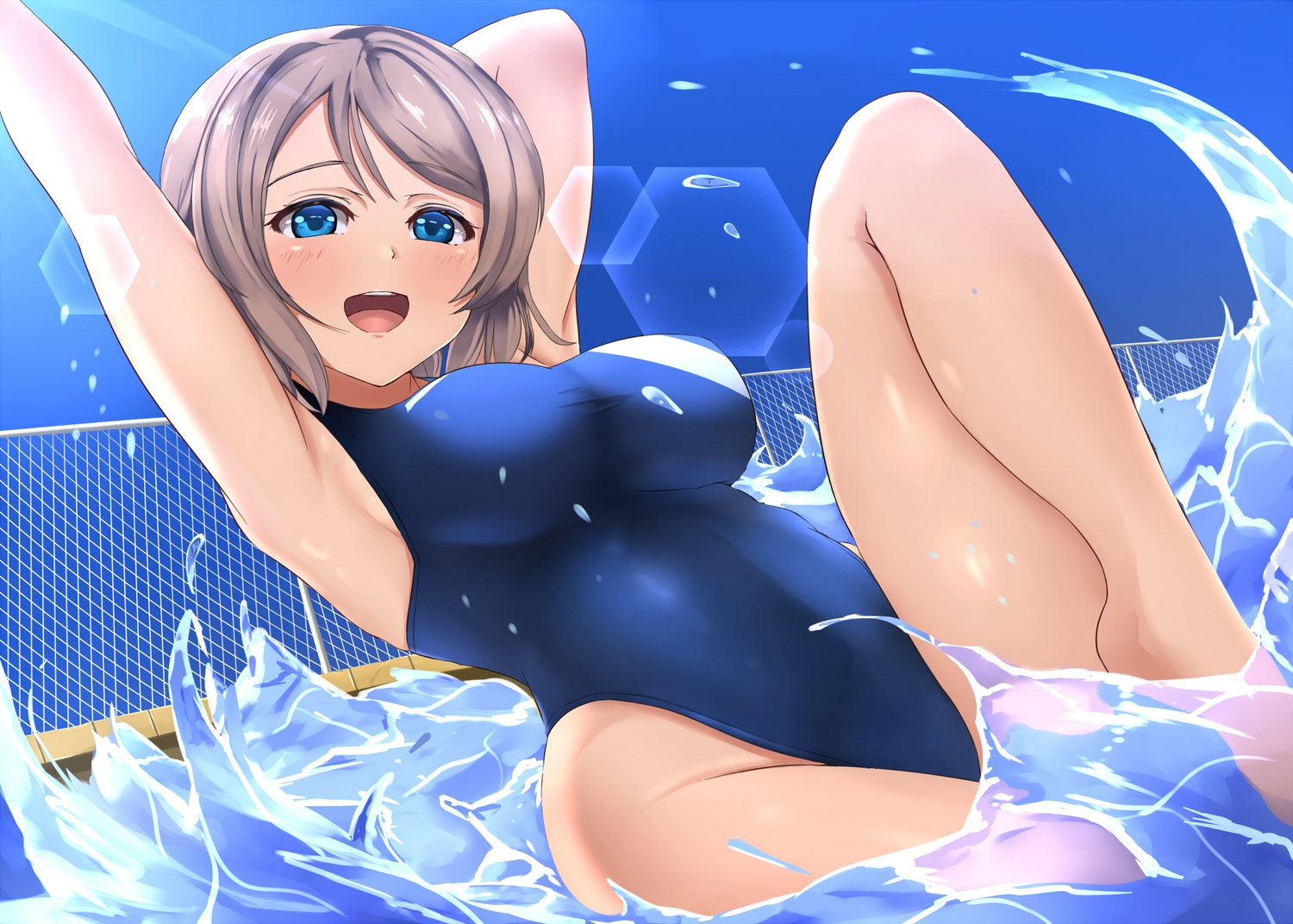 blue_eyes, brown_hair, butter_curry, love_live!_school_idol_project, love_live!_sunshine!!, pool, short_hair, swimsuit