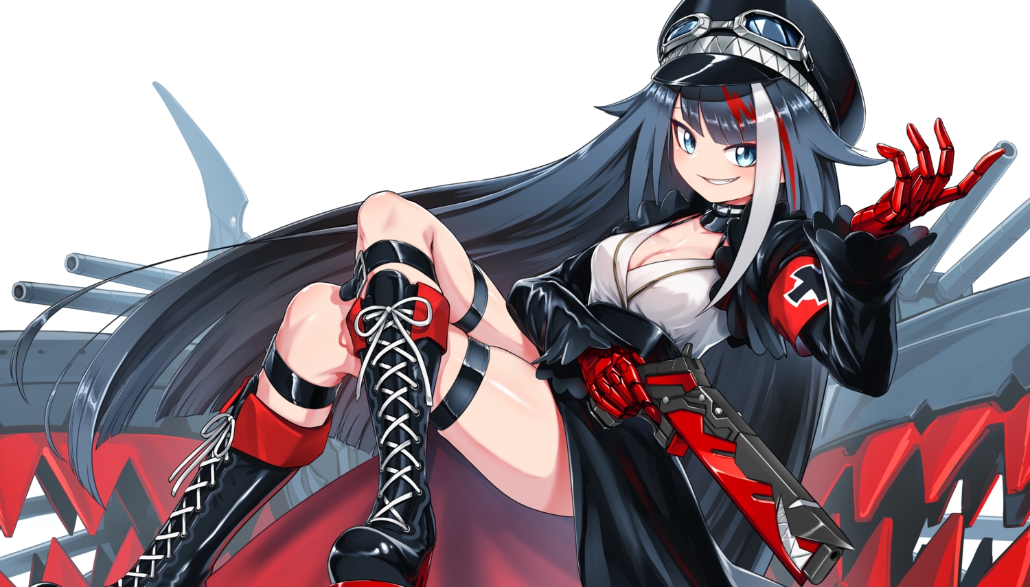 anthropomorphism, aqua_eyes, azur_lane, black_hair, boots, breasts, cleavage, deutschland_(azur_lane)