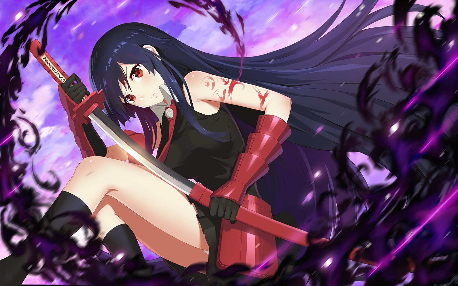 akame, akame_ga_kill!, armor, black_hair, dress, elbow_gloves, gloves, katana, kneehighs, lisong_shen, long_hair, magic, red_eyes, sword, tattoo, tie, weapon