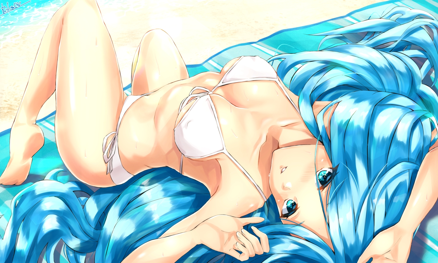 aqua_eyes, aqua_hair, barefoot, beach, bikini, blush, breasts, dana_(ys)