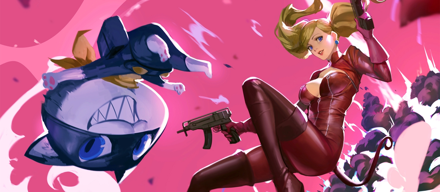 animal, blonde_hair, blue_eyes, bodysuit, breasts, cat, gun, long_hair