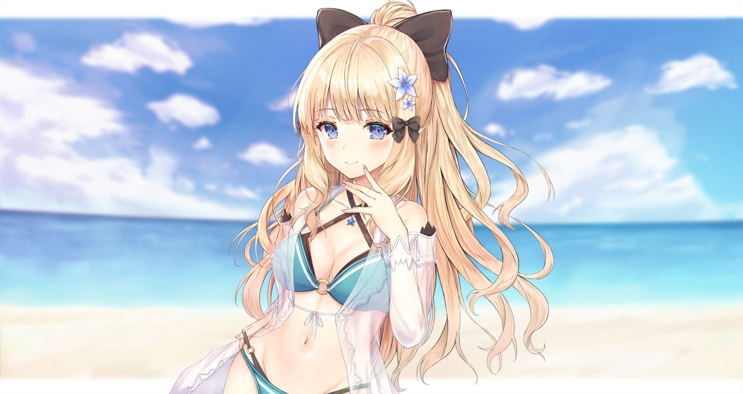 atychi, beach, breasts, cleavage, clouds, princess_connect!, sasaki_saren, sky, water
