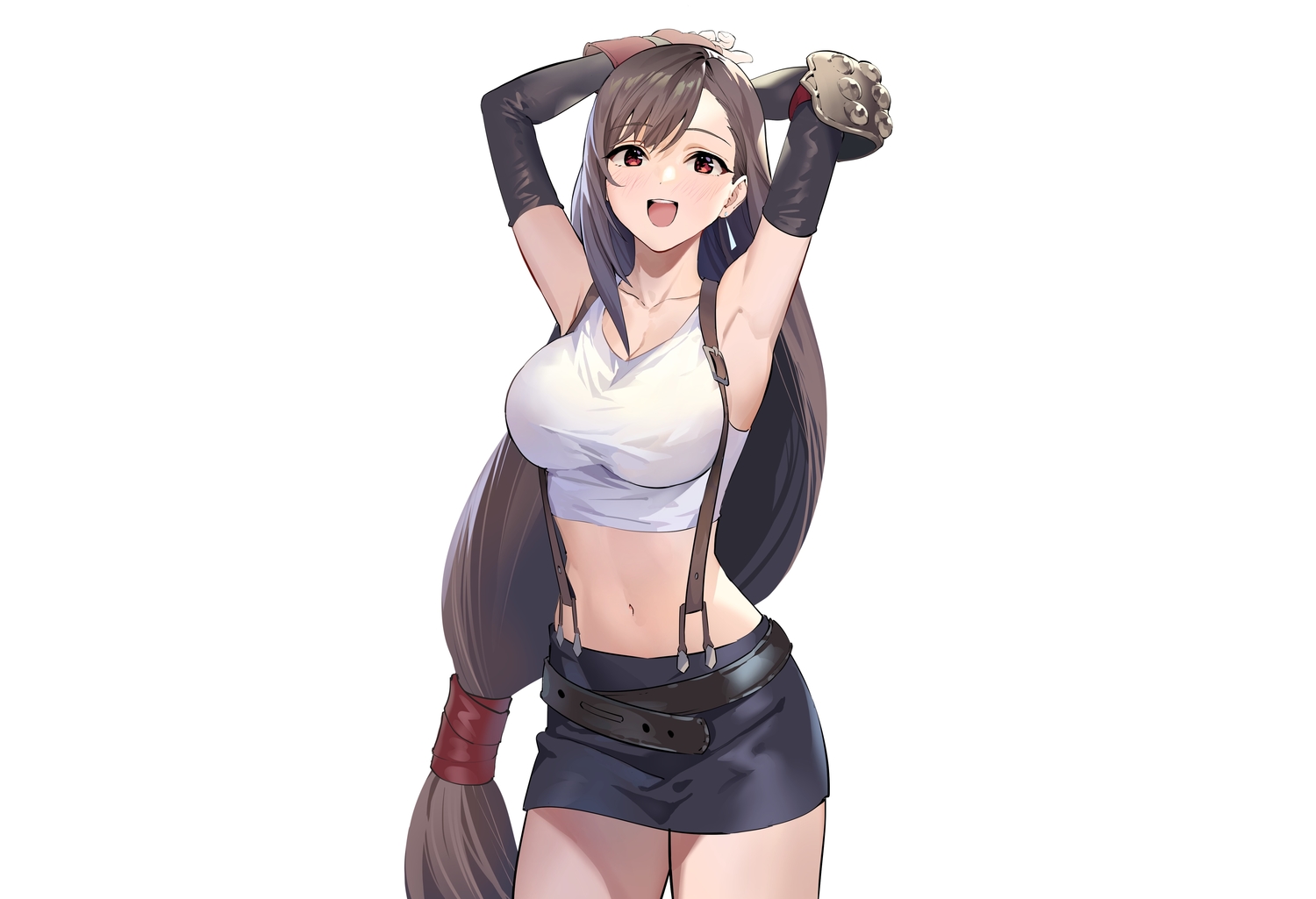 aliasing, armor, blush, breasts, brown_hair, elbow_gloves, final_fantasy, final_fantasy_vii