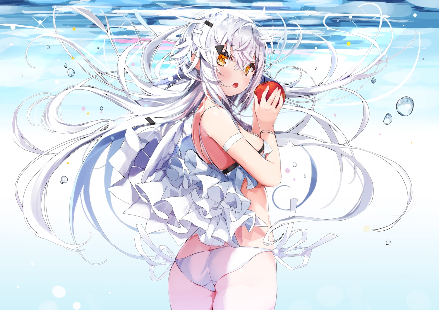apple, ass, cameltoe, food, fruit, gray_hair, kamioka_shun'ya, long_hair