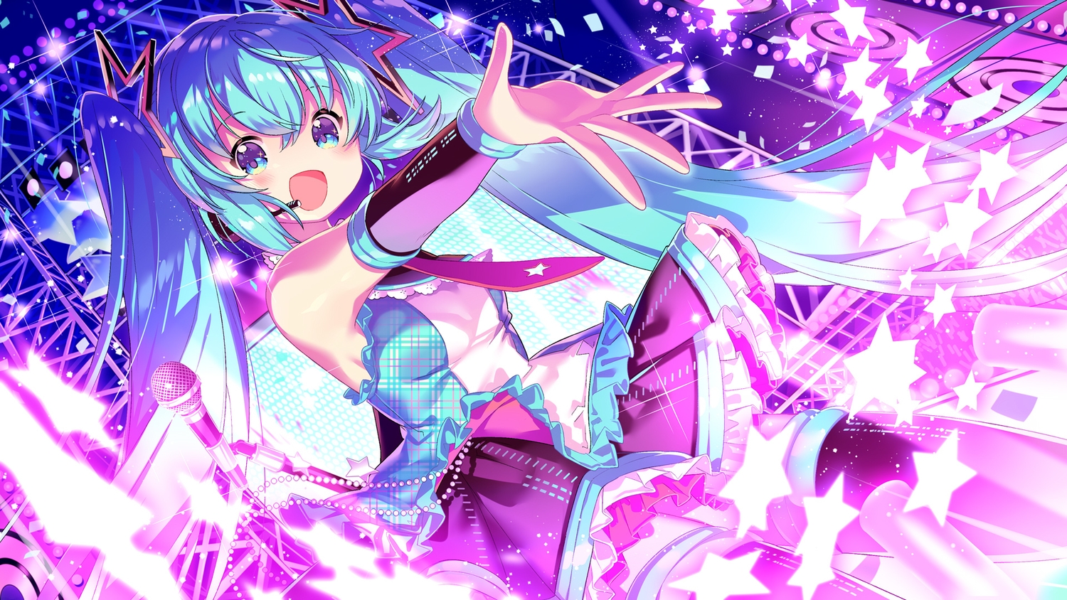 aqua_eyes, aqua_hair, hatsune_miku, ikari_(aor3507), long_hair, microphone, twintails, vocaloid