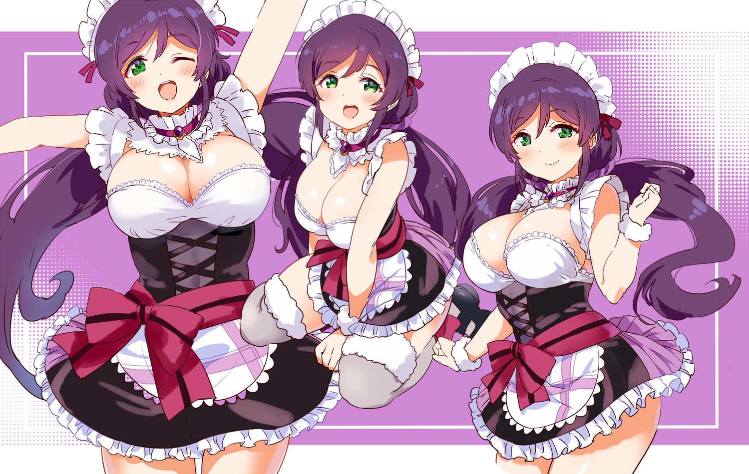 blush, breasts, cleavage, green_eyes, headdress, kurokawa_makoto, long_hair, love_live!_school_idol_project