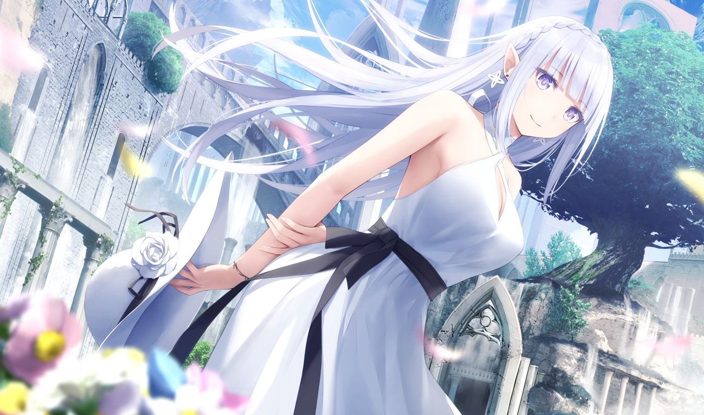 braids, building, clouds, dress, emilia_(re:zero), flowers, gray_hair, haribote_(tarao)