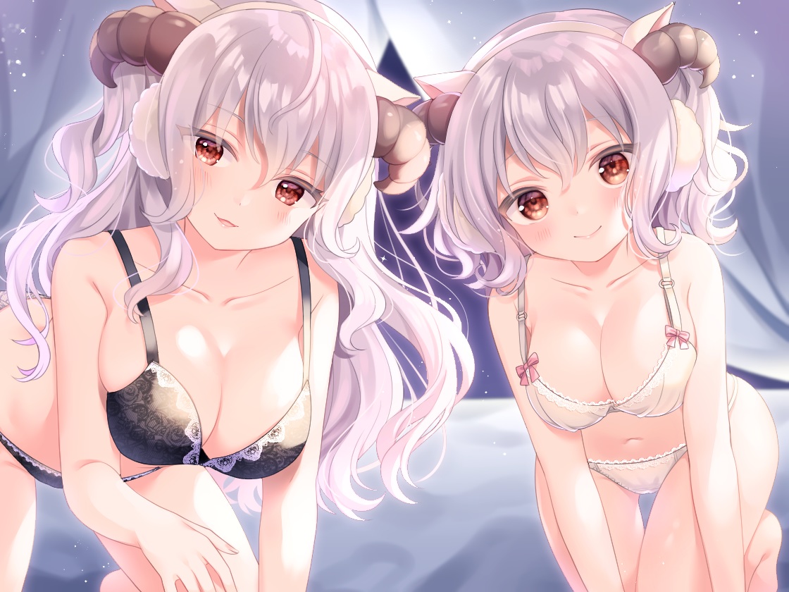2girls, bra, breasts, cleavage, hitsuji_meme, hitsuji_meme_vtuber, horns, komachi_pochi, panties, sheepgirl, underwear