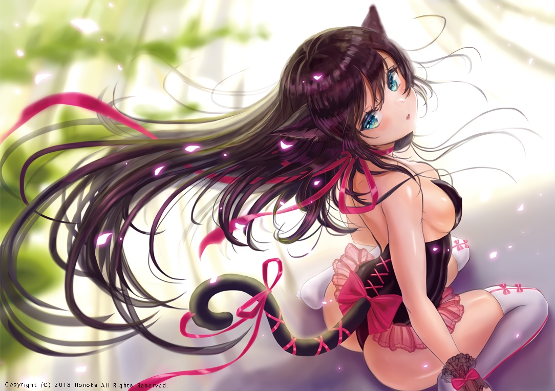 animal_ears, aqua_eyes, ass, blush, breasts, catgirl, erect_nipples, gloves, hou_no_ka, long_hair, original, purple_hair, ribbons, tail, thighhighs, watermark