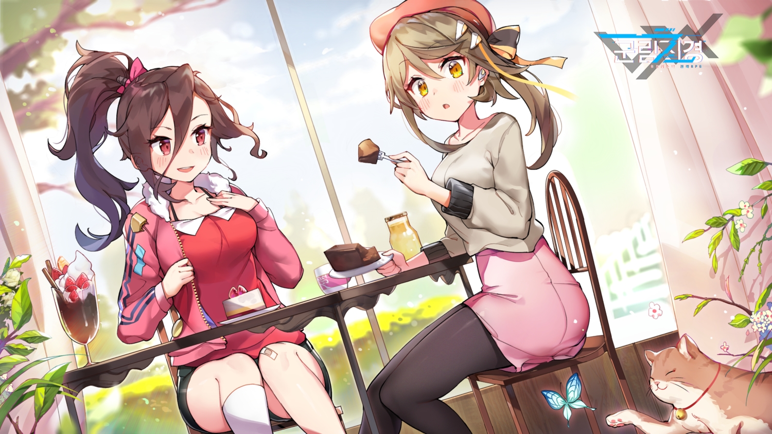 2girls, animal, blush, border_reign, brown_hair, cake, cat, chougetsu_(border_reign)
