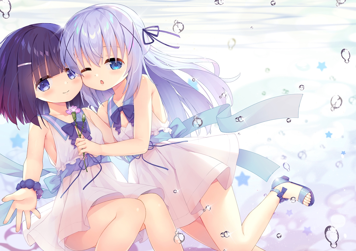 2girls, aqua_eyes, blush, bubbles, dress, flowers, fuiba_fuyu, gochuumon_wa_usagi_desu_ka?