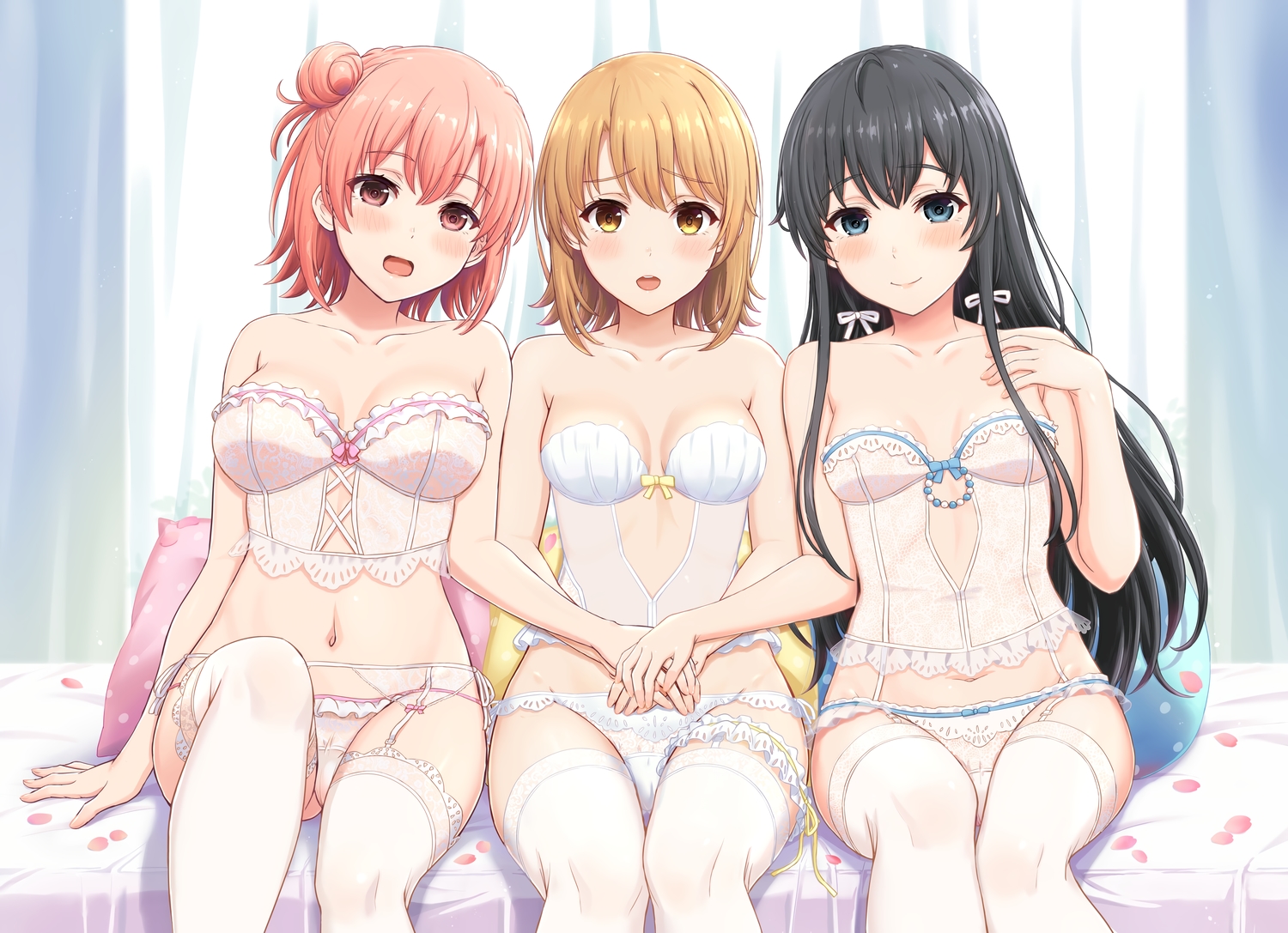 black_hair, blue_eyes, blush, brown_hair, cherry_blossoms, cropped, flowers, garter_belt, inanaki_shiki, isshiki_iroha, long_hair, navel, panties, pink_eyes, pink_hair, short_hair, stockings, underwear, yahari_ore_no_seishun_love_come_wa_machigatteiru., yellow_eyes, yuigahama_yui, yukinoshita_yukino