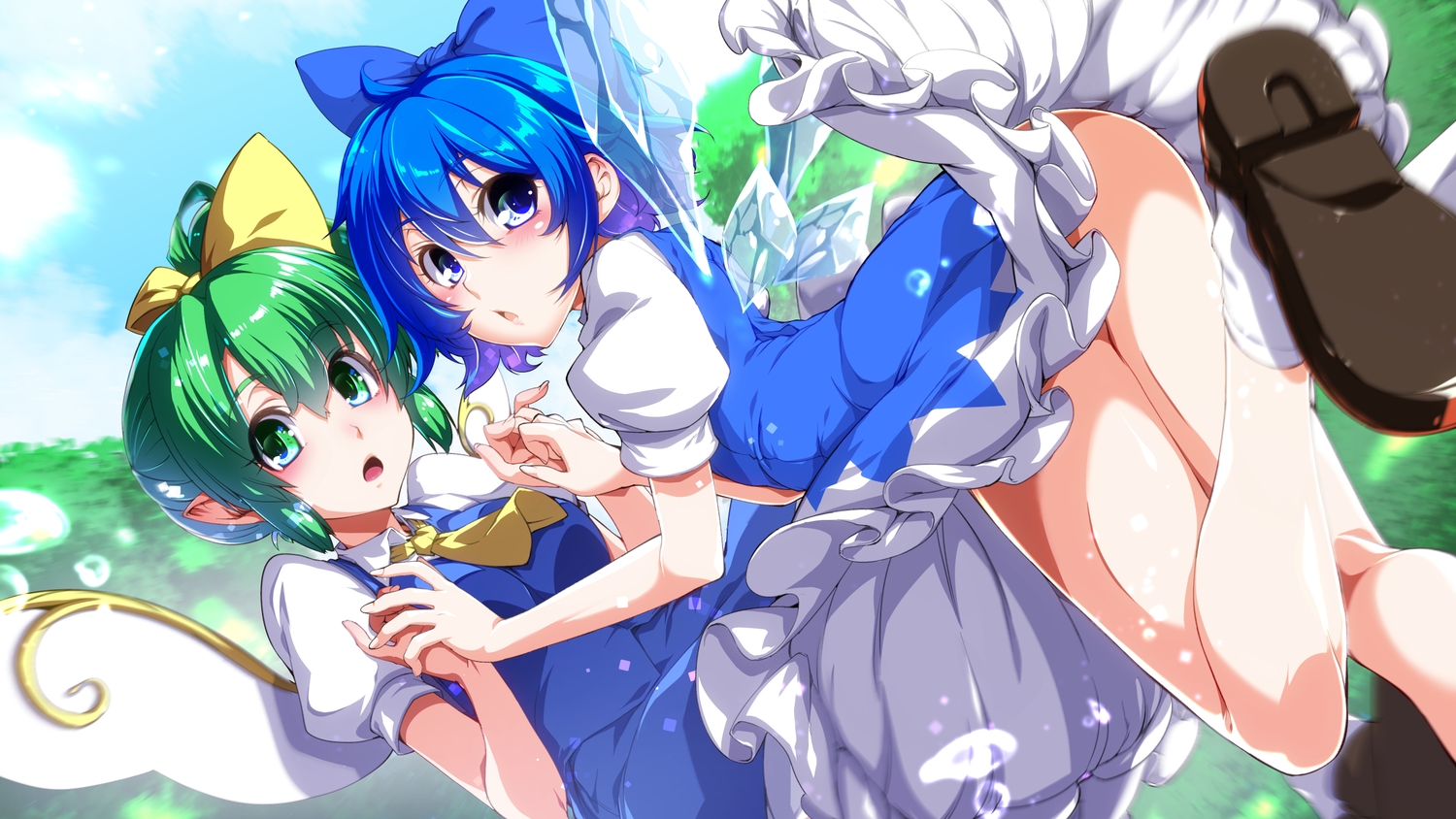 2girls, ass, blue_eyes, blue_hair, blush, cirno, clouds, daiyousei
