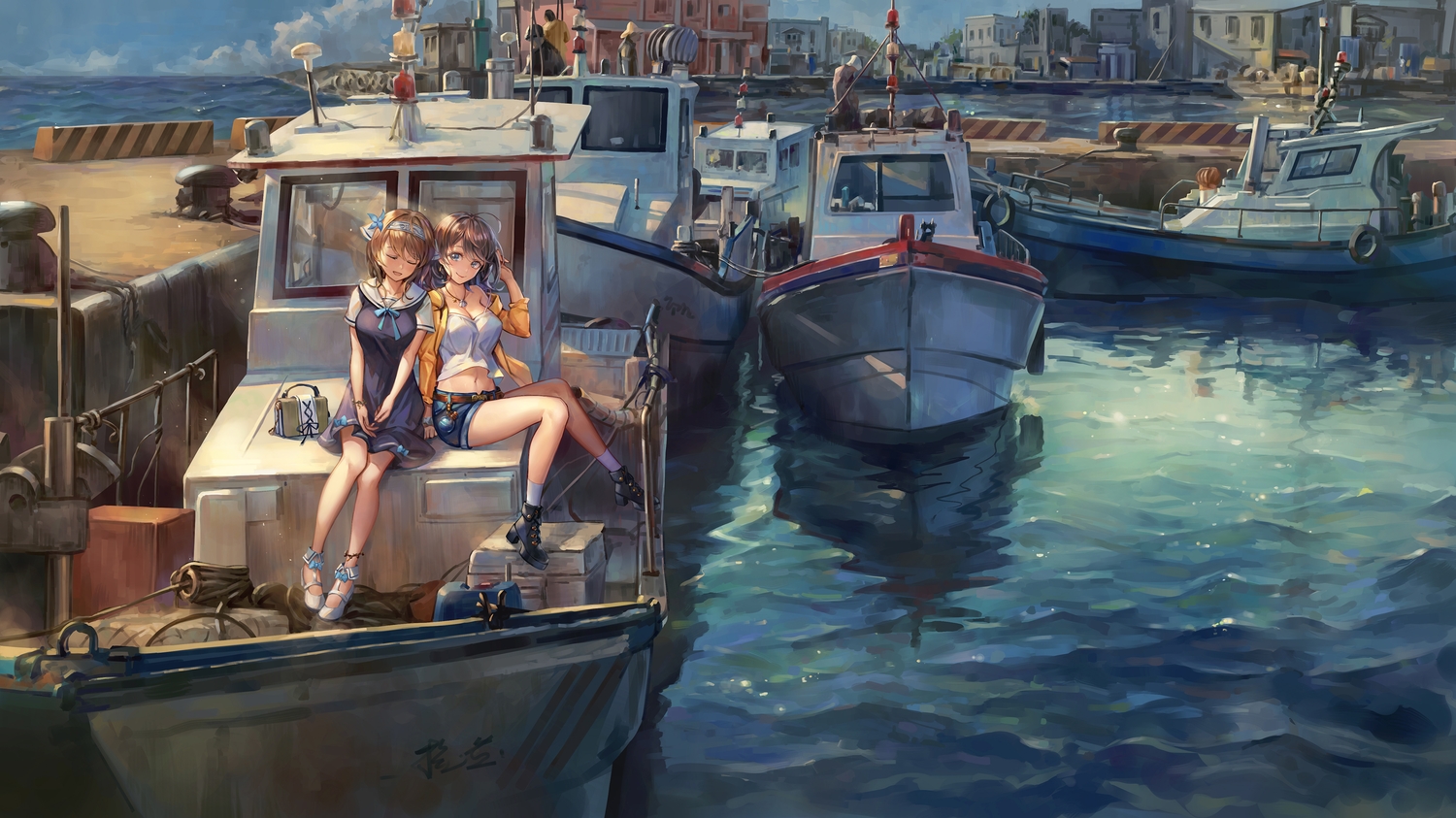 2girls, blue_eyes, blush, boat, brown_hair, clouds, dress, headband, landscape, necklace, original, scenic, short_hair, shorts, sky, water, yahiro_(heartseek000)