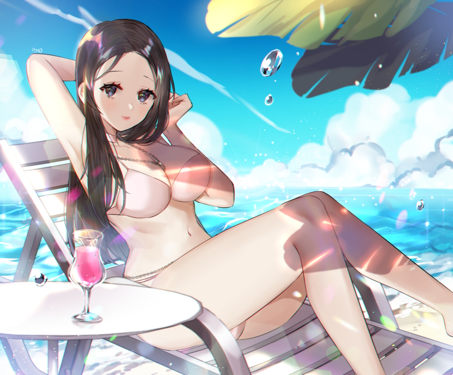 beach, bikini, blue_eyes, blush, brown_hair, clouds, drink, long_hair