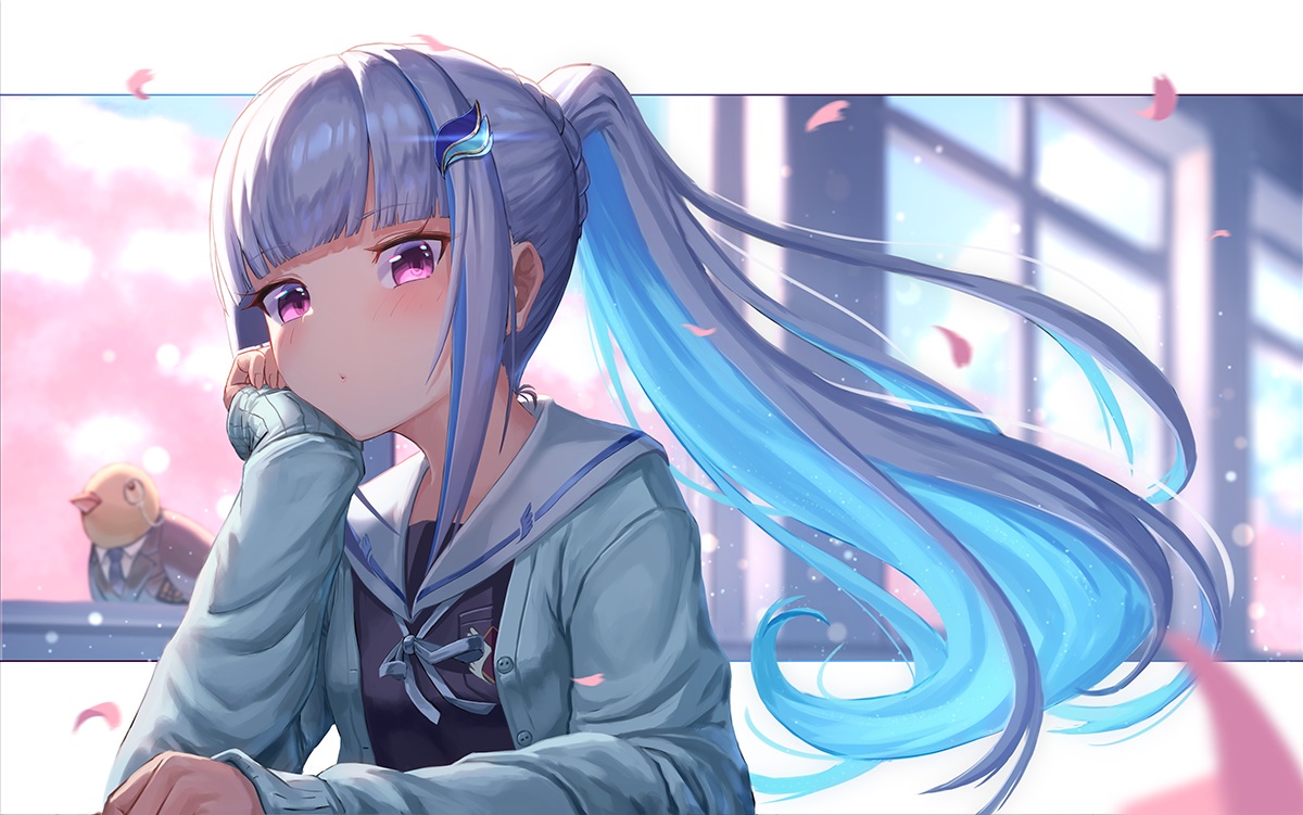 animal, bird, blush, braids, cherry_blossoms, flowers, gray_hair, lize_helesta
