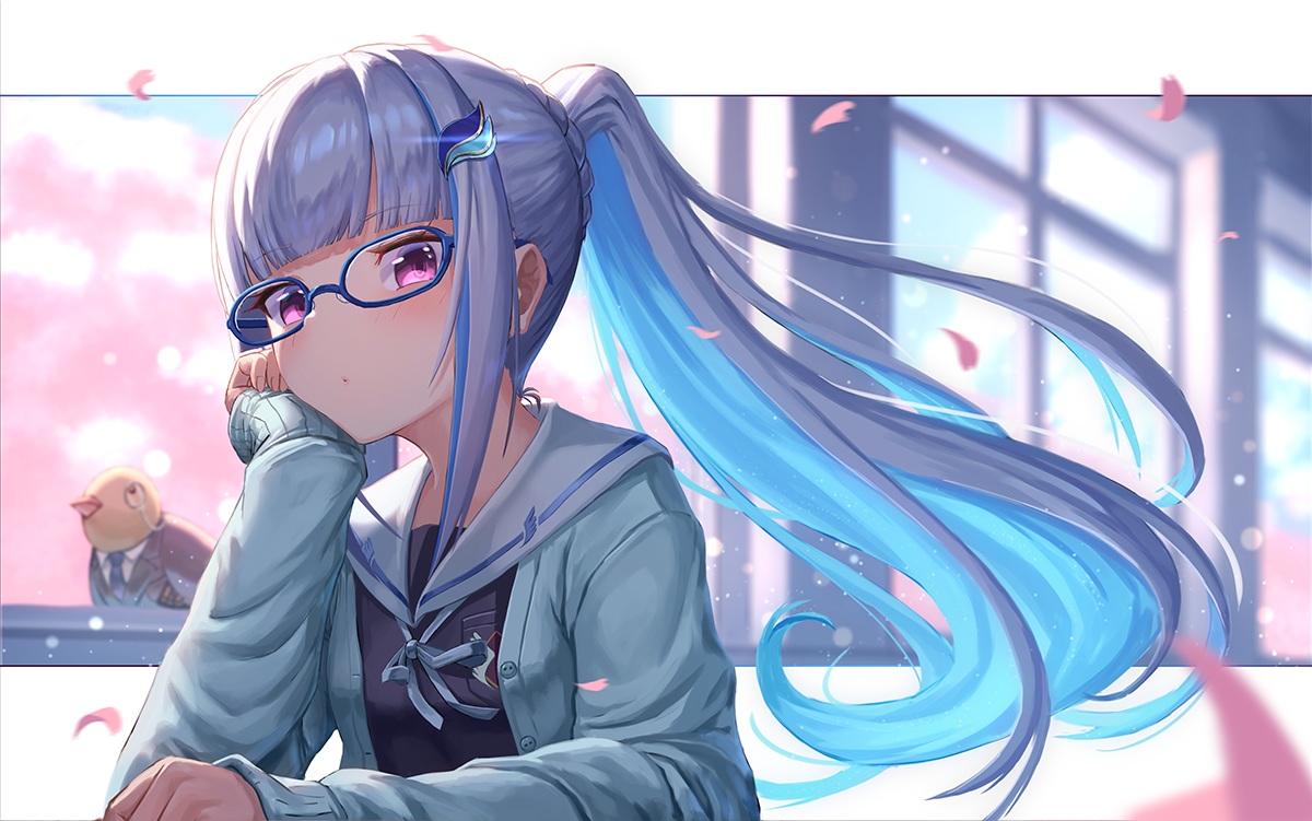 animal, bird, blush, braids, cherry_blossoms, flowers, glasses, gray_hair
