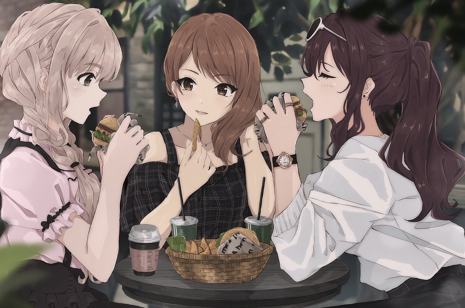braids, brown_eyes, brown_hair, drink, duffy, food, houjou_karen, ichinose_shiki