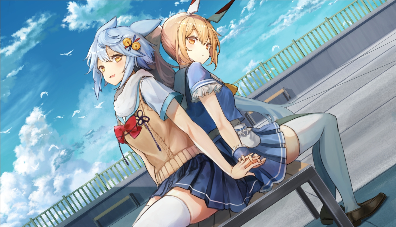 2girls, animal, animal_ears, anthropomorphism, ayanami_(azur_lane), azur_lane, bell, bird
