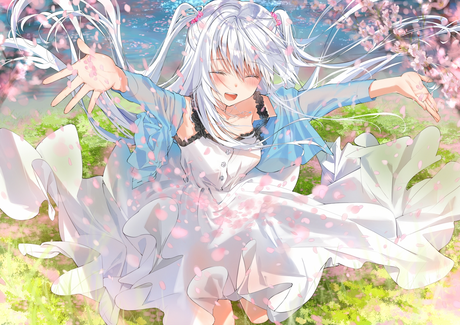 blush, cherry_blossoms, dress, flowers, grass, long_hair, mirin_boshi, necklace, open_shirt, original, spring, summer_dress, water, white_hair
