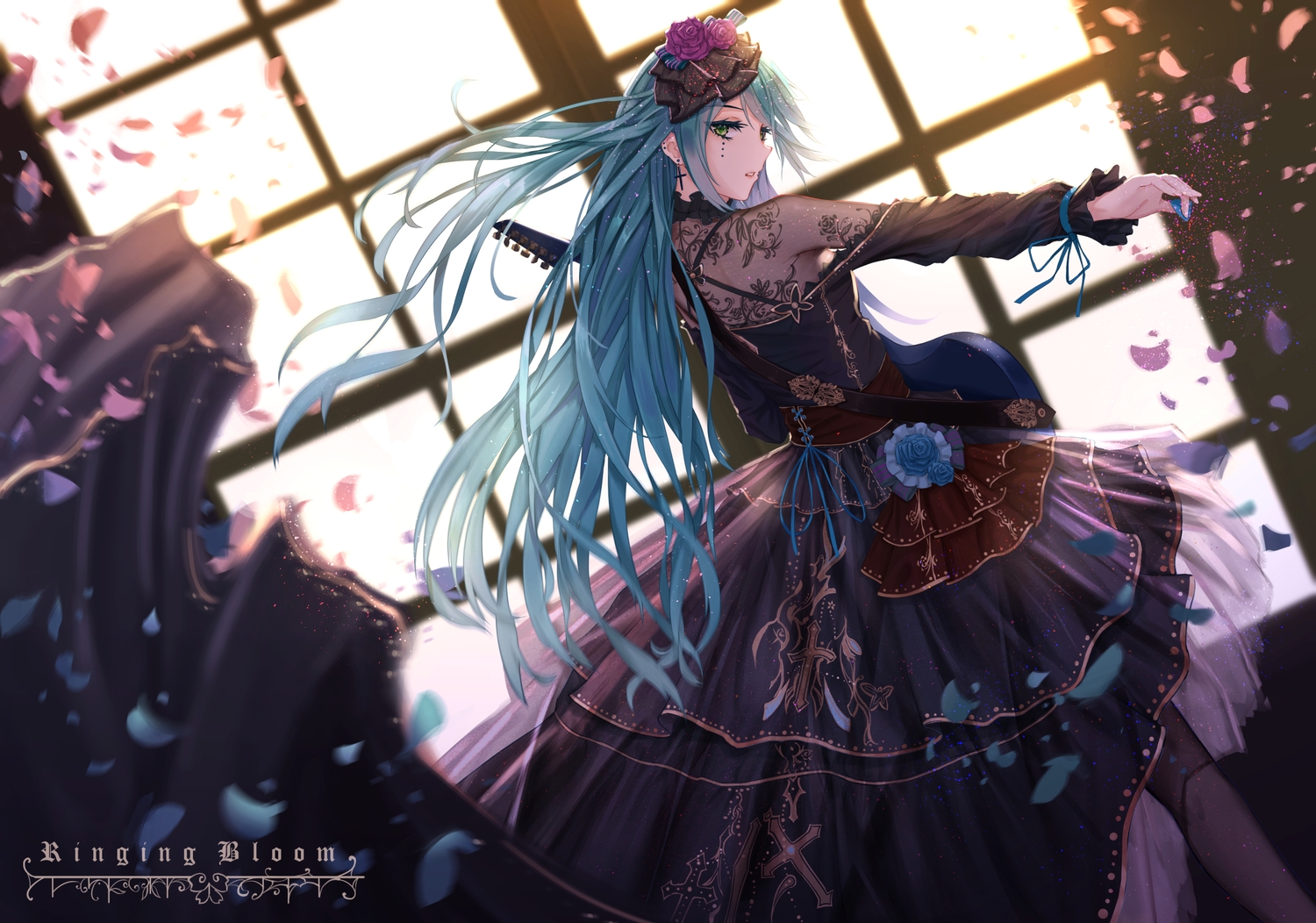 bang_dream!, flowers, goth-loli, green_eyes, green_hair, guitar, hikawa_sayo, instrument, lolita_fashion, long_hair, petals, rose, yuzuriha