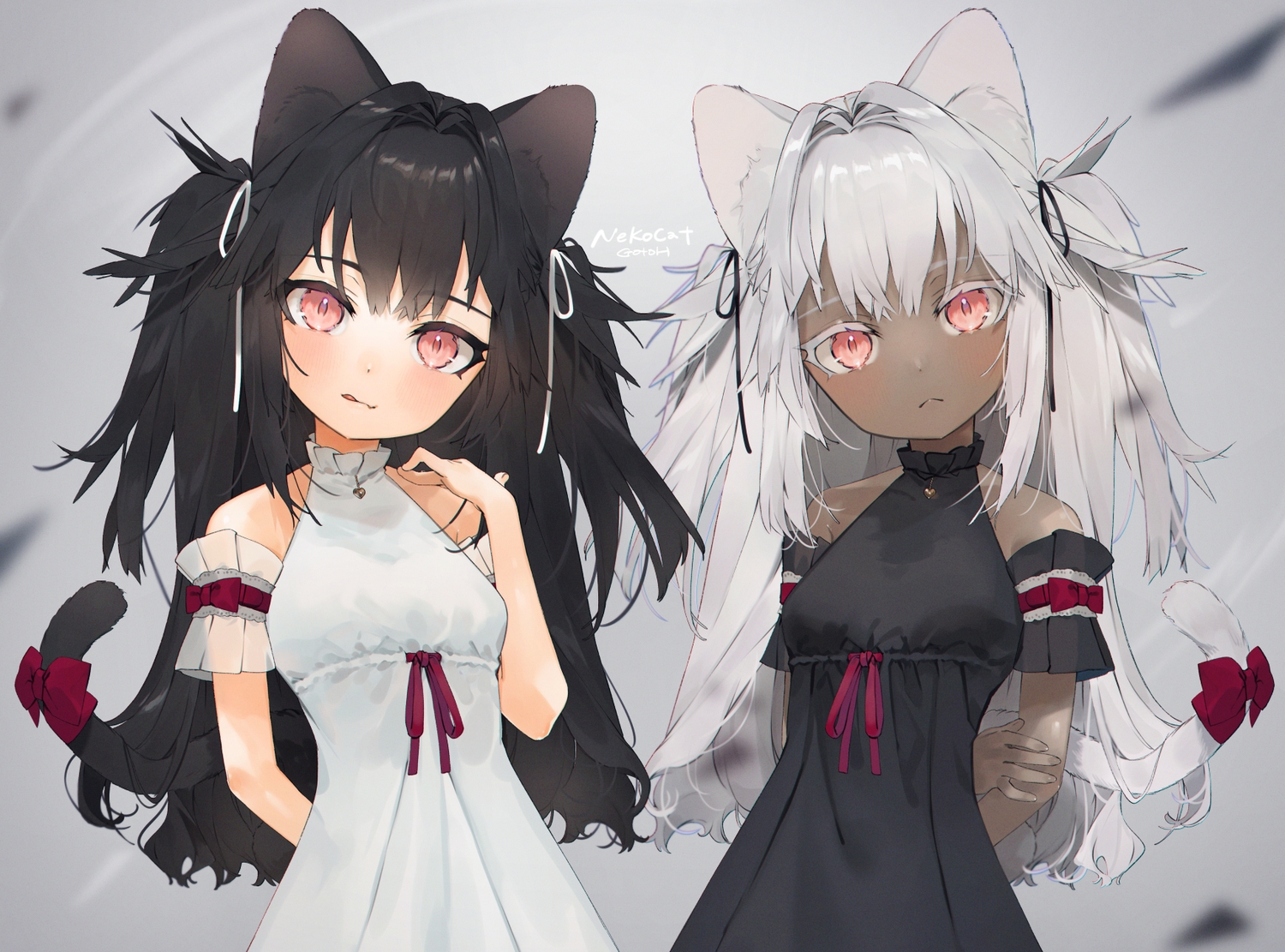 2girls, animal_ears, black_hair, blush, catgirl, dark_skin, gotoh510, gray_hair