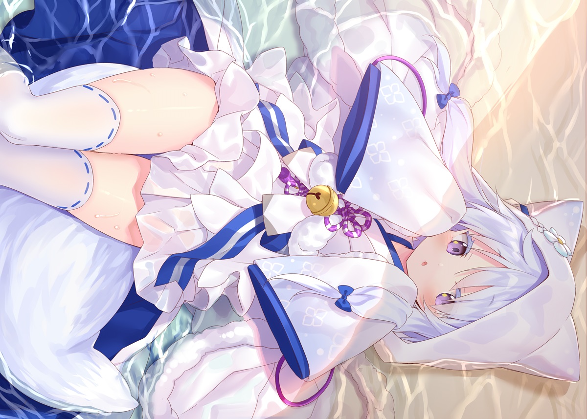 animal_ears, anthropomorphism, azur_lane, bell, blush, foxgirl, hood, japanese_clothes