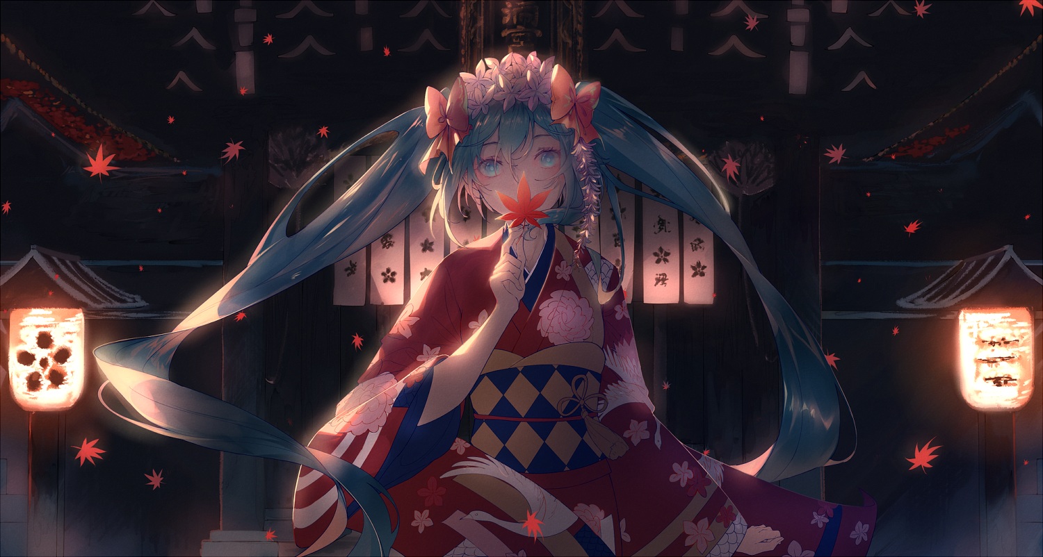 autumn, hatsune_miku, japanese_clothes, kimono, leaves, suketto_0112, vocaloid