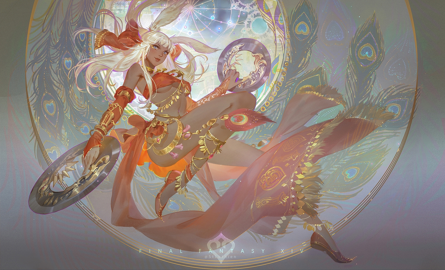 animal_ears, breasts, bunny_ears, bunnygirl, choker, dark_skin, feathers, final_fantasy