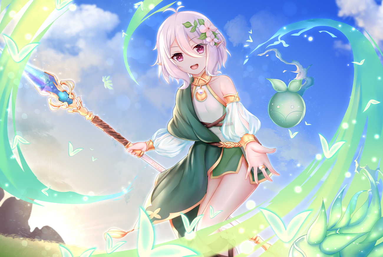 blush, chao_wu_xing_xian, clouds, flowers, natsume_kokoro, pointed_ears, princess_connect!, purple_eyes