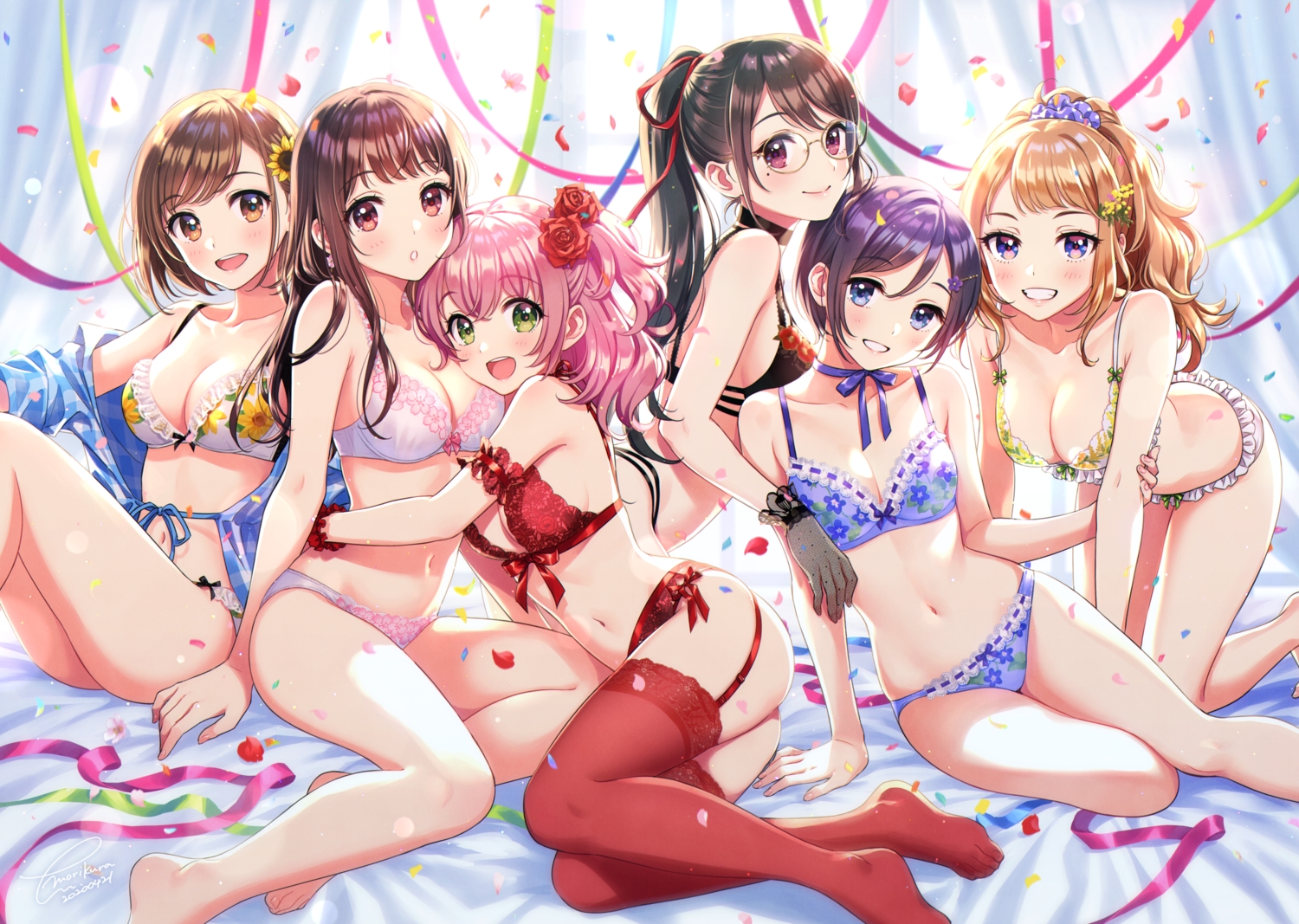 barefoot, blue_eyes, blush, bra, breasts, brown_eyes, brown_hair, choker, cleavage, flowers, garter_belt, glasses, gloves, green_eyes, group, hug, long_hair, morikura_en, original, panties, petals, pink_hair, ponytail, purple_eyes, red_eyes, ribbons, rose, short_hair, signed, sunflower, thighhighs, underwear, wristwear
