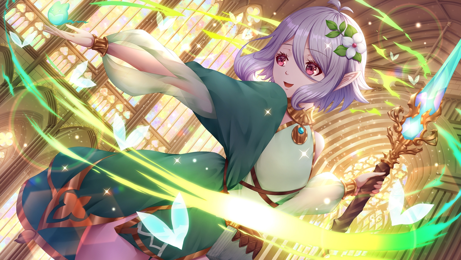 flat_chest, fujifuji924, gray_hair, magic, natsume_kokoro, pointed_ears, princess_connect!, purple_eyes, spear, weapon