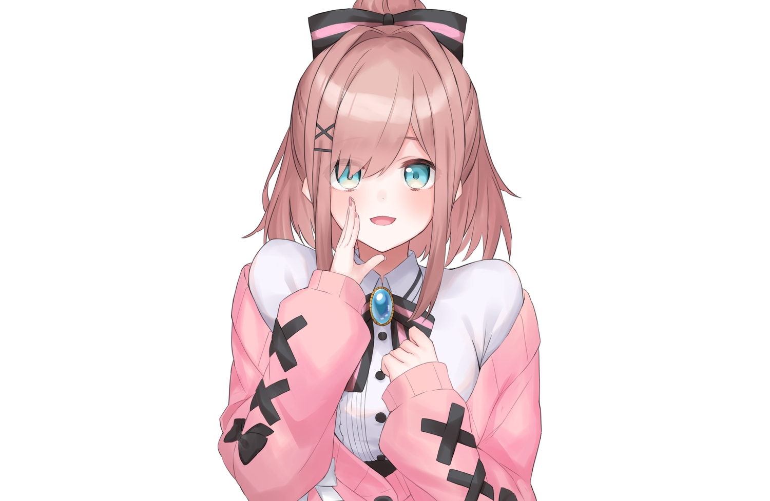 aqua_eyes, bow, brown_hair, close, hashiko_nowoto, nijisanji, ponytail, shirt