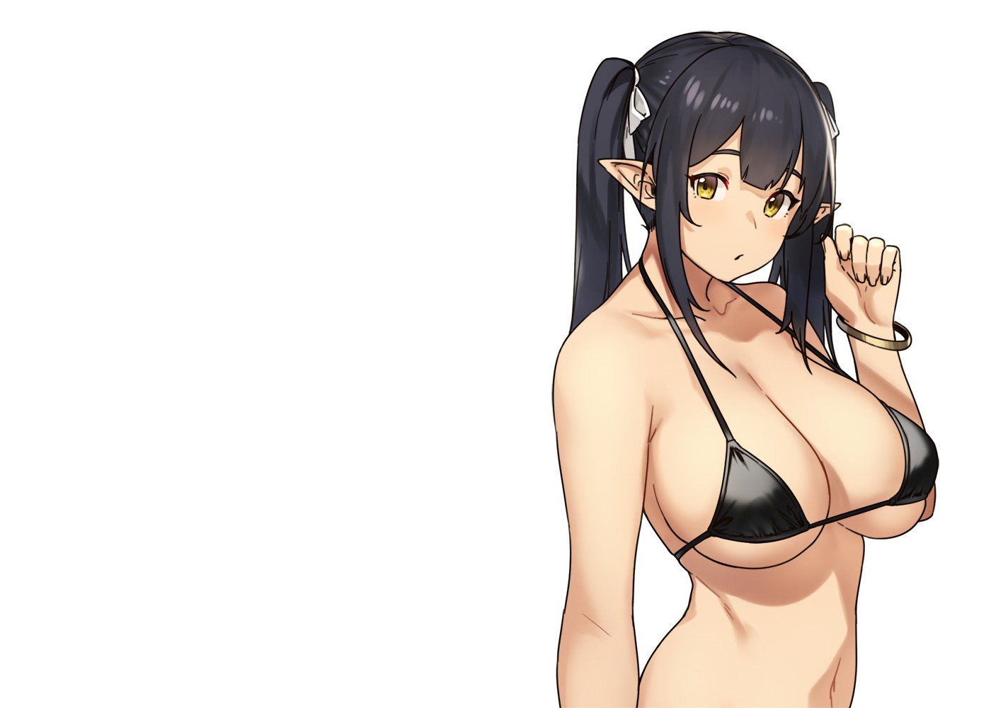 bikini, black_hair, breasts, houtengeki, original, pointed_ears, swimsuit, twintails