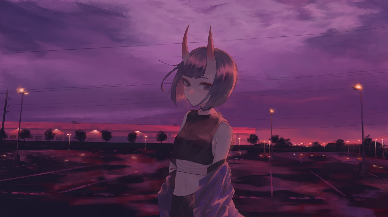 choker, clouds, demon, fate/grand_order, fate_(series), horns, litra_(ltr0312), navel, purple_eyes, purple_hair, scenic, short_hair, shuten_douji_(fate), sky, sunset