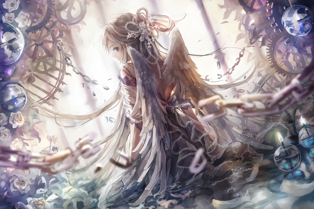black_eyes, bondage, brown_hair, chain, dress, flowers, goth-loli, lolita_fashion, long_hair, misaki_yuu_(misaki_1192), original, polychromatic, rose, wings