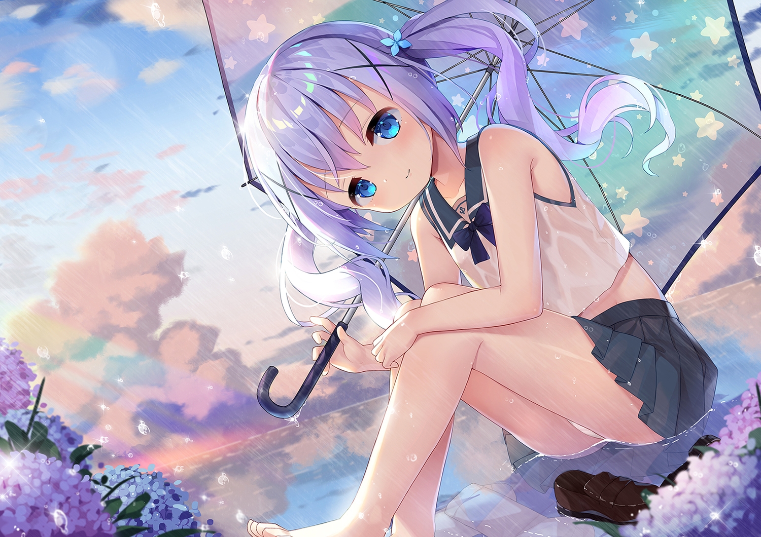 aqua_eyes, barefoot, blush, clouds, flowers, gochuumon_wa_usagi_desu_ka?, kafuu_chino, loli, panties, purple_hair, rain, reflection, school_uniform, skirt, sky, taku_michi, twintails, umbrella, underwear, water, wet
