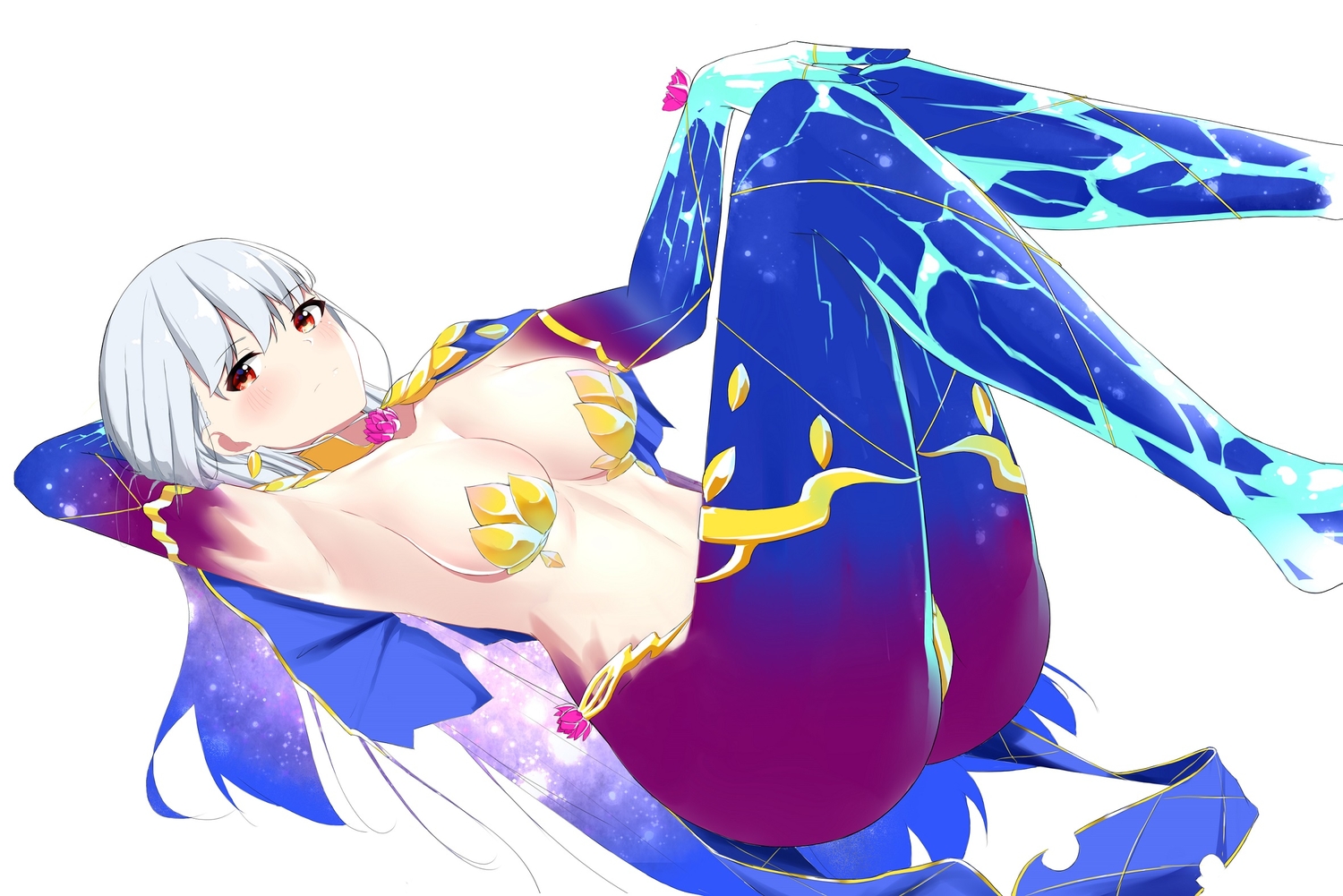 blush, breasts, elbow_gloves, fate/grand_order, fate_(series), gloves, gray_hair, kama_(fate/grand_order), long_hair, red_eyes, zerotwenty_(020)