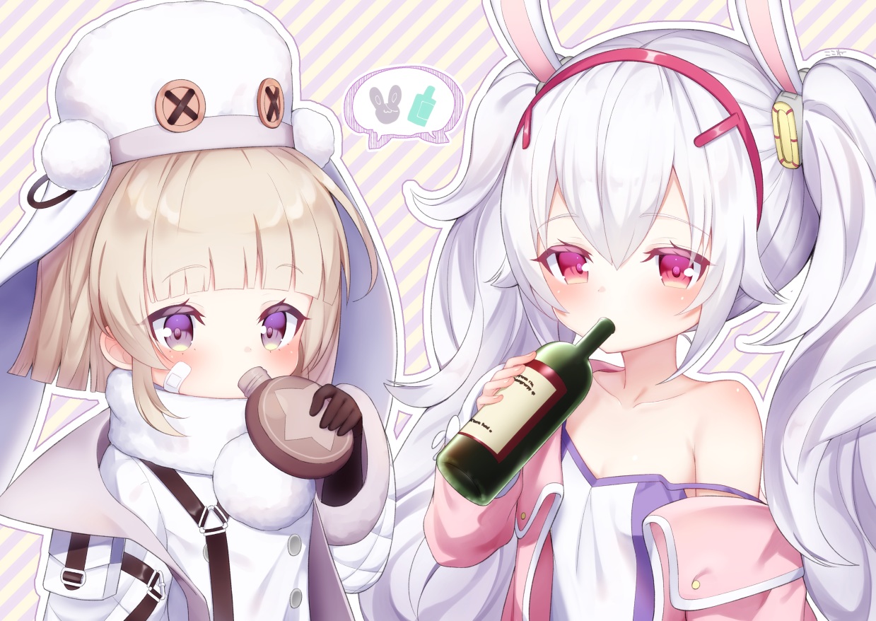 2girls, animal_ears, anthropomorphism, azur_lane, bandaid, blonde_hair, bunny_ears, bunnygirl