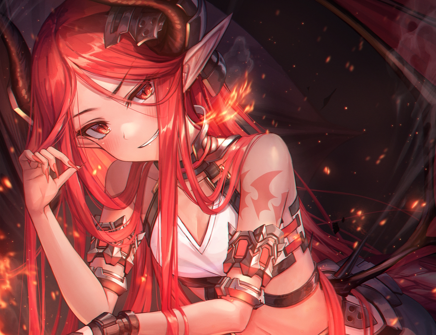 blush, chyopeuteu, cropped, fire, horns, long_hair, navel, original, pointed_ears, red_eyes, red_hair, tattoo, twintails, wings