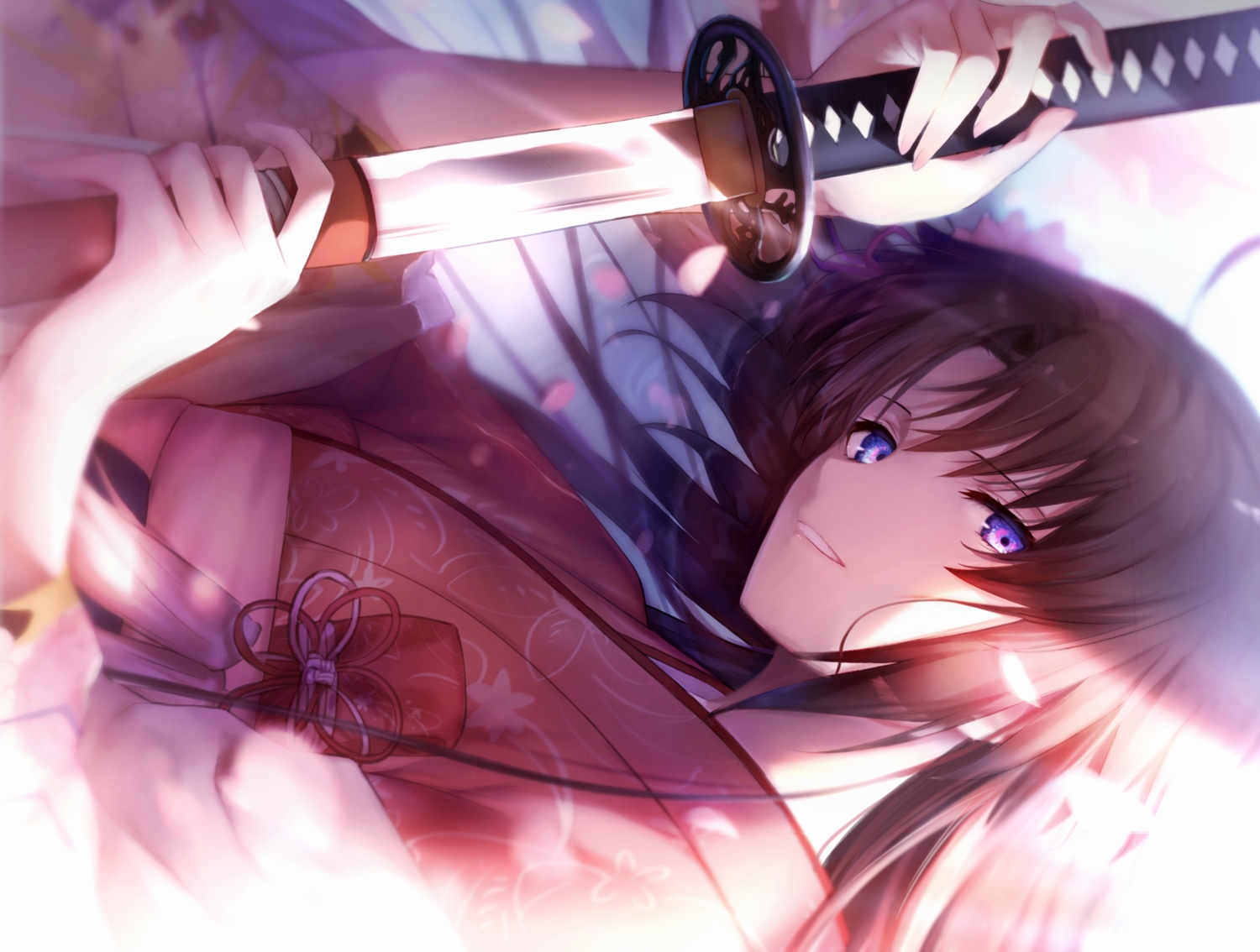 blue_eyes, brown_hair, close, fate/grand_order, fate_(series), japanese_clothes, kara_no_kyoukai, katana, kimono, long_hair, okakasushi, ryougi_shiki, sword, weapon