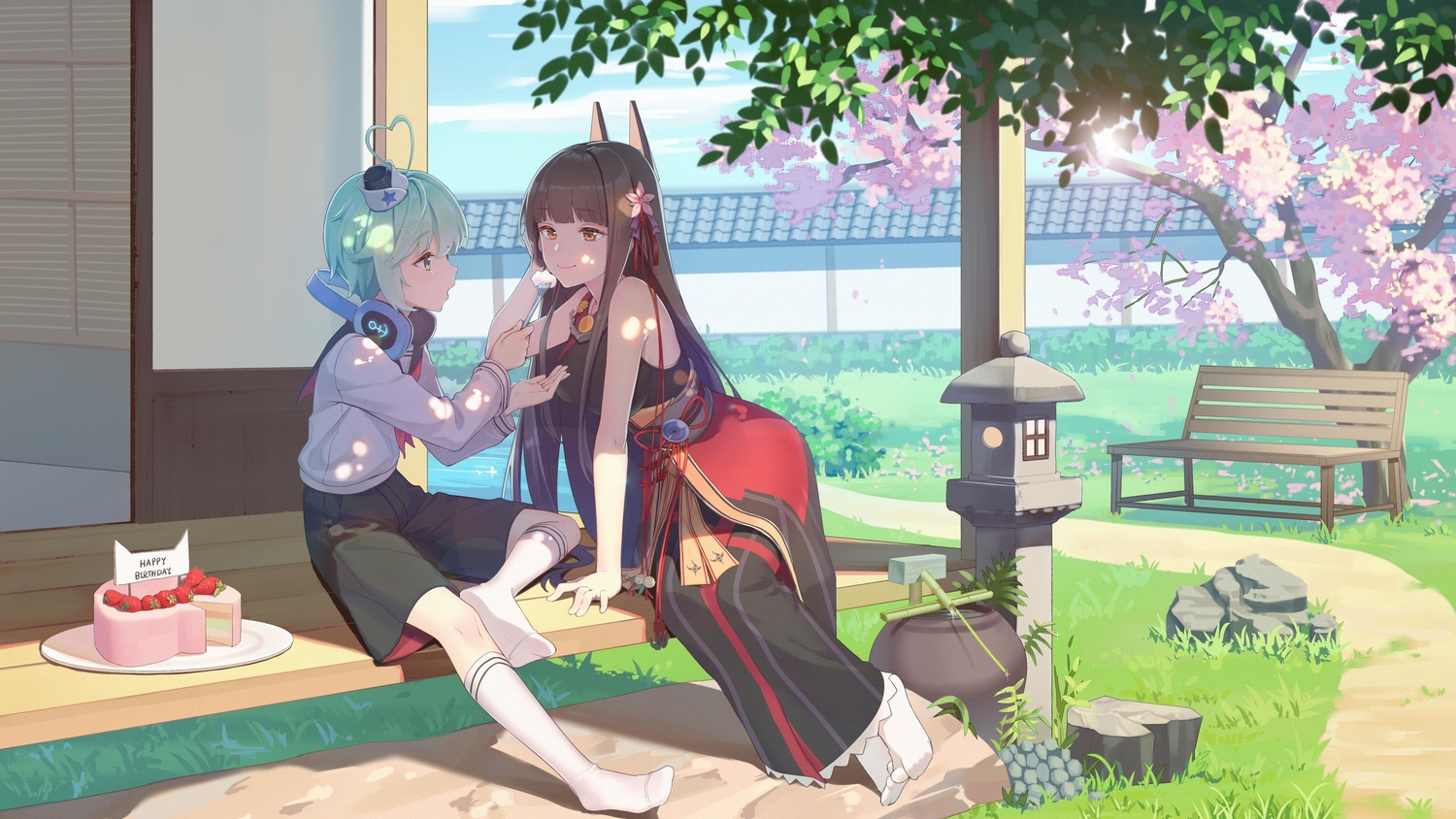akagi_(zhanjian_shaonu), anthropomorphism, blush, brown_eyes, brown_hair, building, cake, clouds