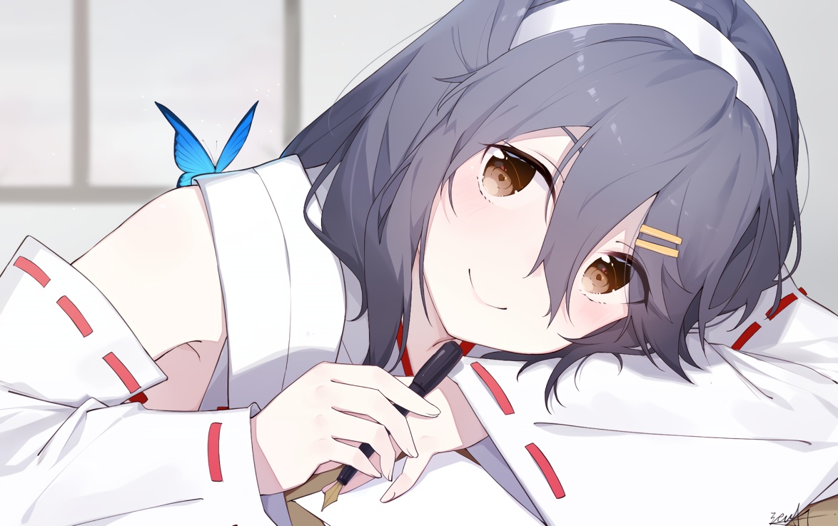 anthropomorphism, black_hair, blush, brown_eyes, butterfly, close, cropped, haruna_(kancolle)