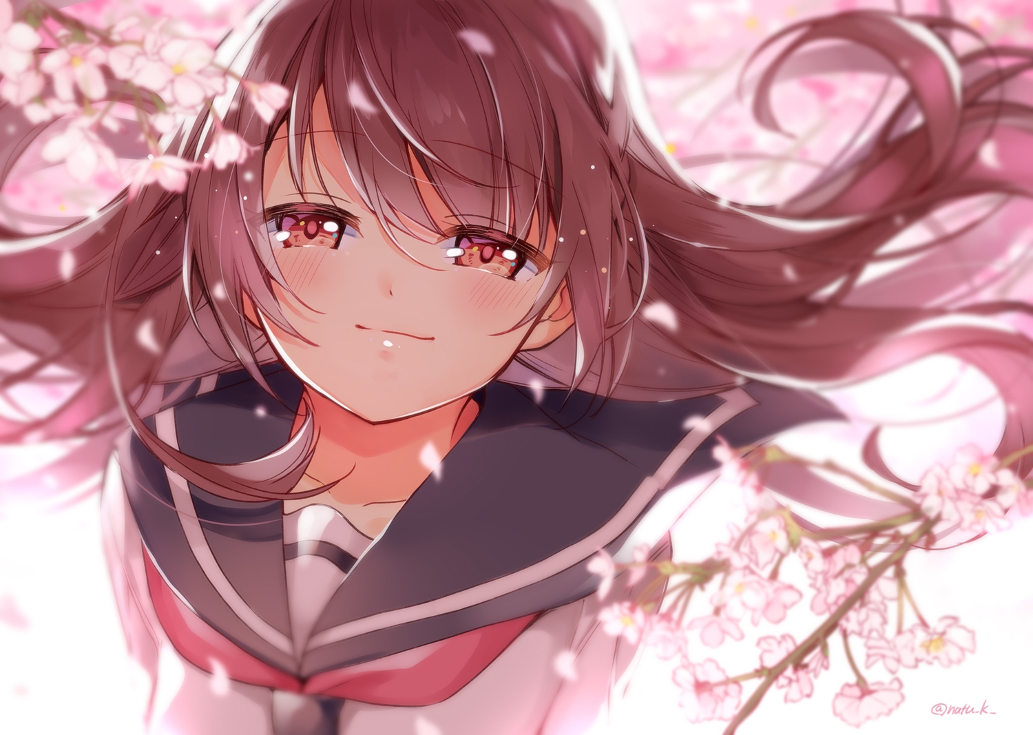 blush, brown_hair, cherry_blossoms, close, flowers, hazuki_natsu, long_hair, original