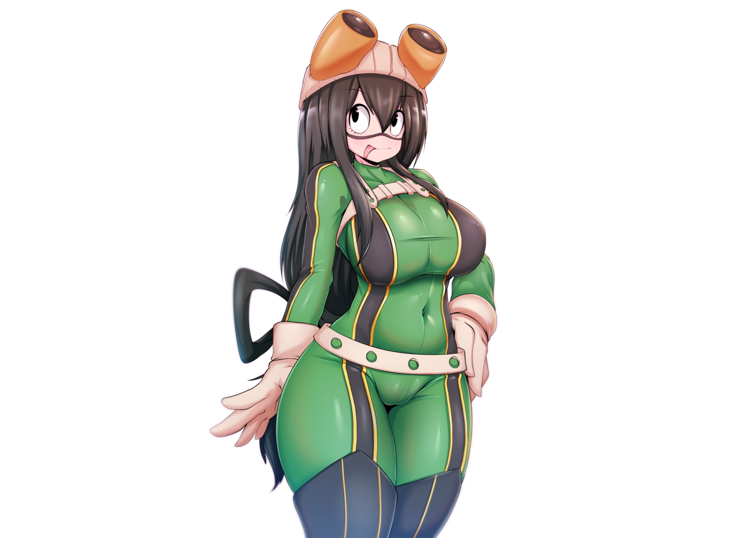 asui_tsuyu, black_eyes, black_hair, bodysuit, boku_no_hero_academia, breasts, cameltoe, gloves