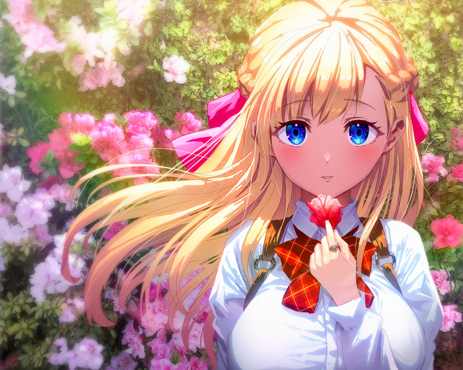 blonde_hair, blue_hair, blush, braids, breasts, cropped, flowers, gibagiba