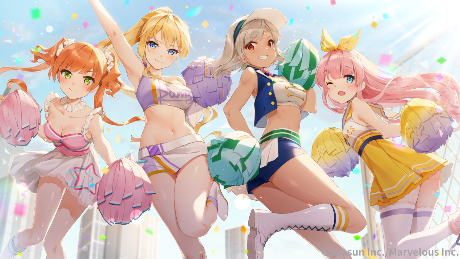 aqua_eyes, blonde_hair, blue_eyes, blush, building, cheerleader, city, dress, eksistere_kyrenia, girl_cafe_gun_(game), gray_hair, green_eyes, group, hat, headband, juno_emmons, kinako_(shiratama_mochi), lida_romero, long_hair, navel, orange_hair, pink_hair, ponytail, red_eyes, rococo_(girl_cafe_gun), shorts, skirt, thighhighs, twintails, watermark, wink