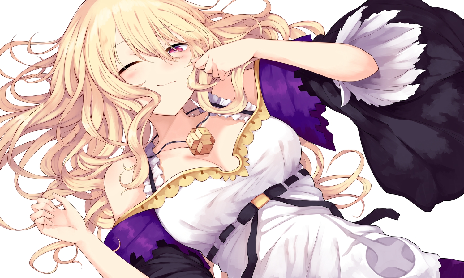 blonde_hair, breasts, cleavage, dorothy_(shingeki_no_bahamut), long_hair, necklace, red_eyes, shingeki_no_bahamut, wink, yamato_(muchuu_paradigm)