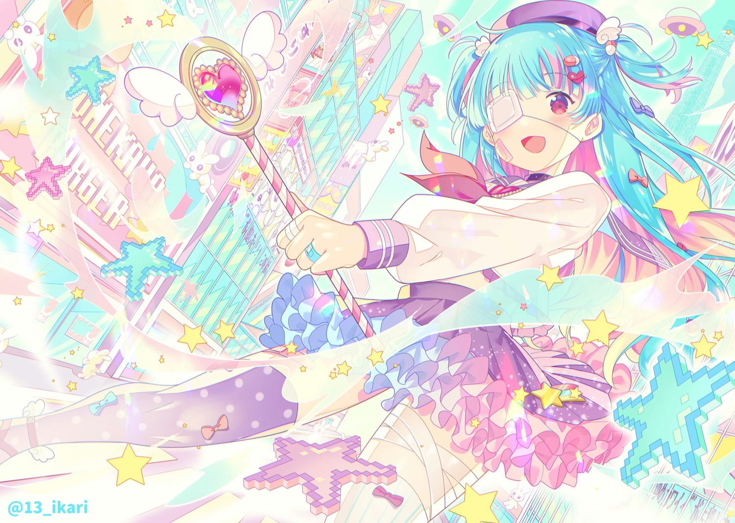 aqua_hair, bandage, bandaid, bow, eyepatch, ikari_(aor3507), jpeg_artifacts, lolita_fashion, long_hair, original, red_eyes, school_uniform, thighhighs, twintails, wand, watermark