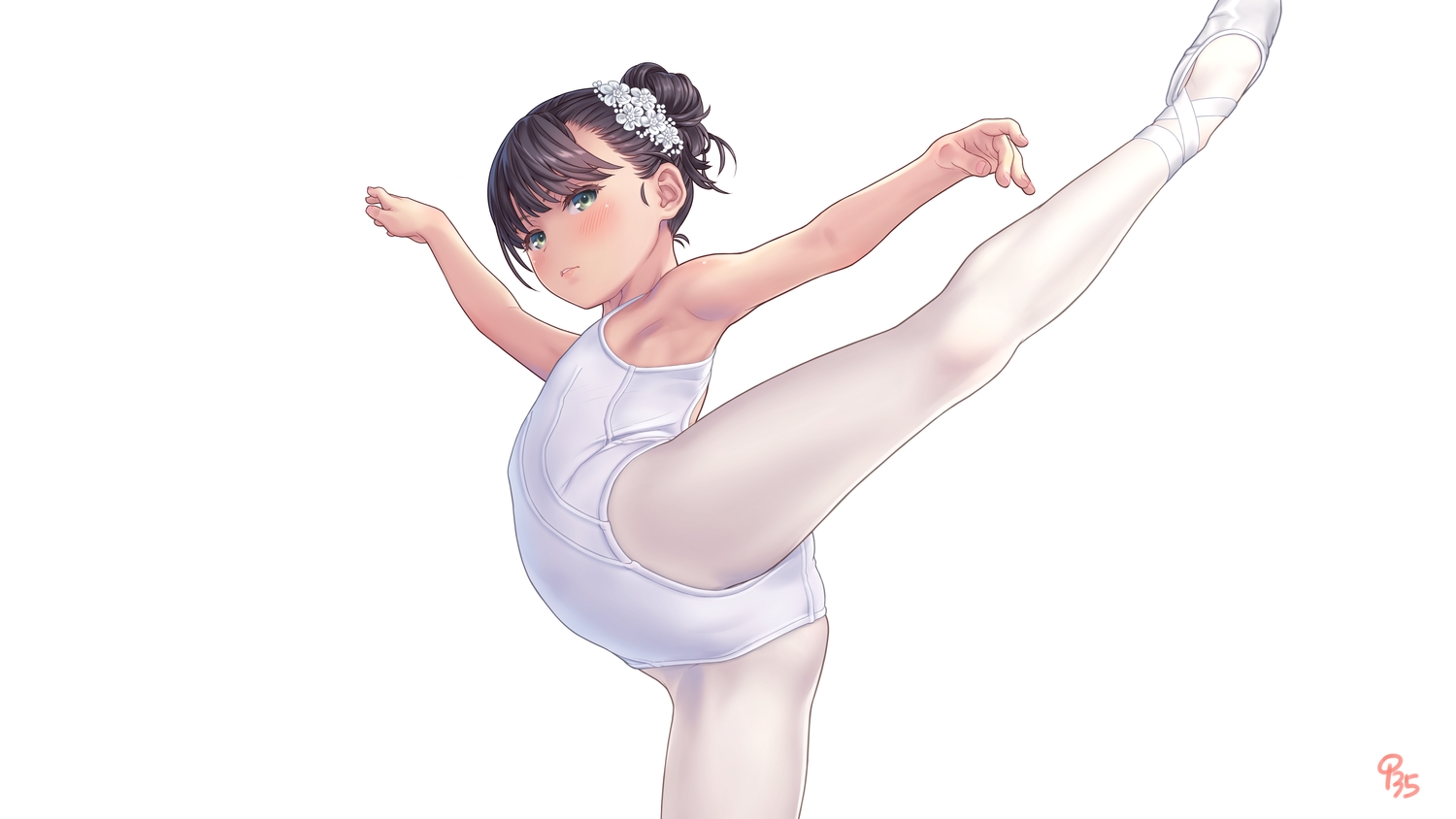 aoi_kumiko, blush, flat_chest, leotard, loli, original, pantyhose, signed, spread_legs, white